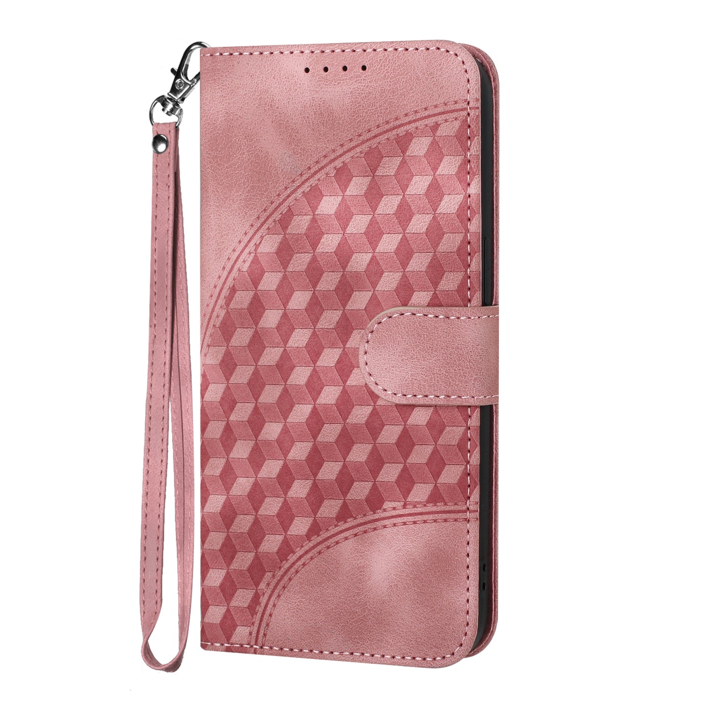 For iPhone 17 Leather Case with Wrist Strap Diamond Imprint Wallet Phone Cover - Pink
