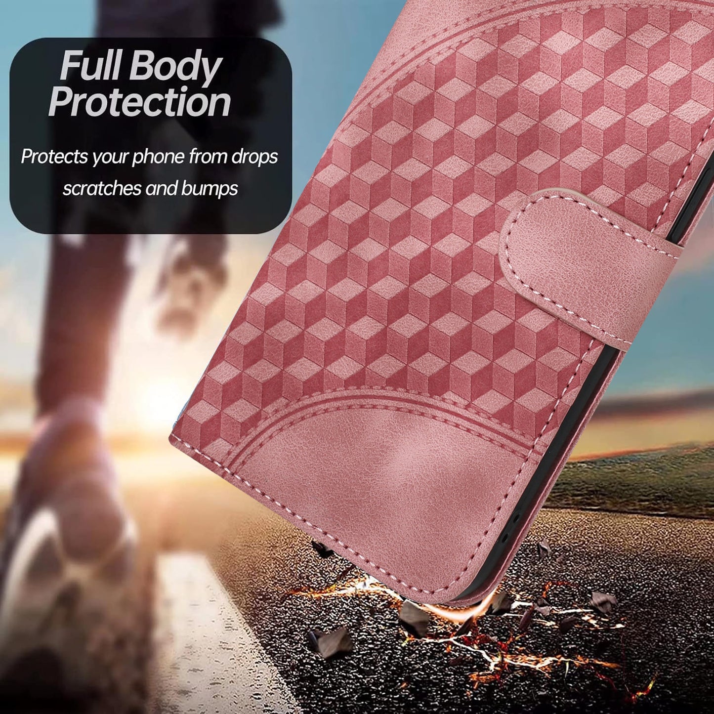 For iPhone 17 Leather Case with Wrist Strap Diamond Imprint Wallet Phone Cover - Pink