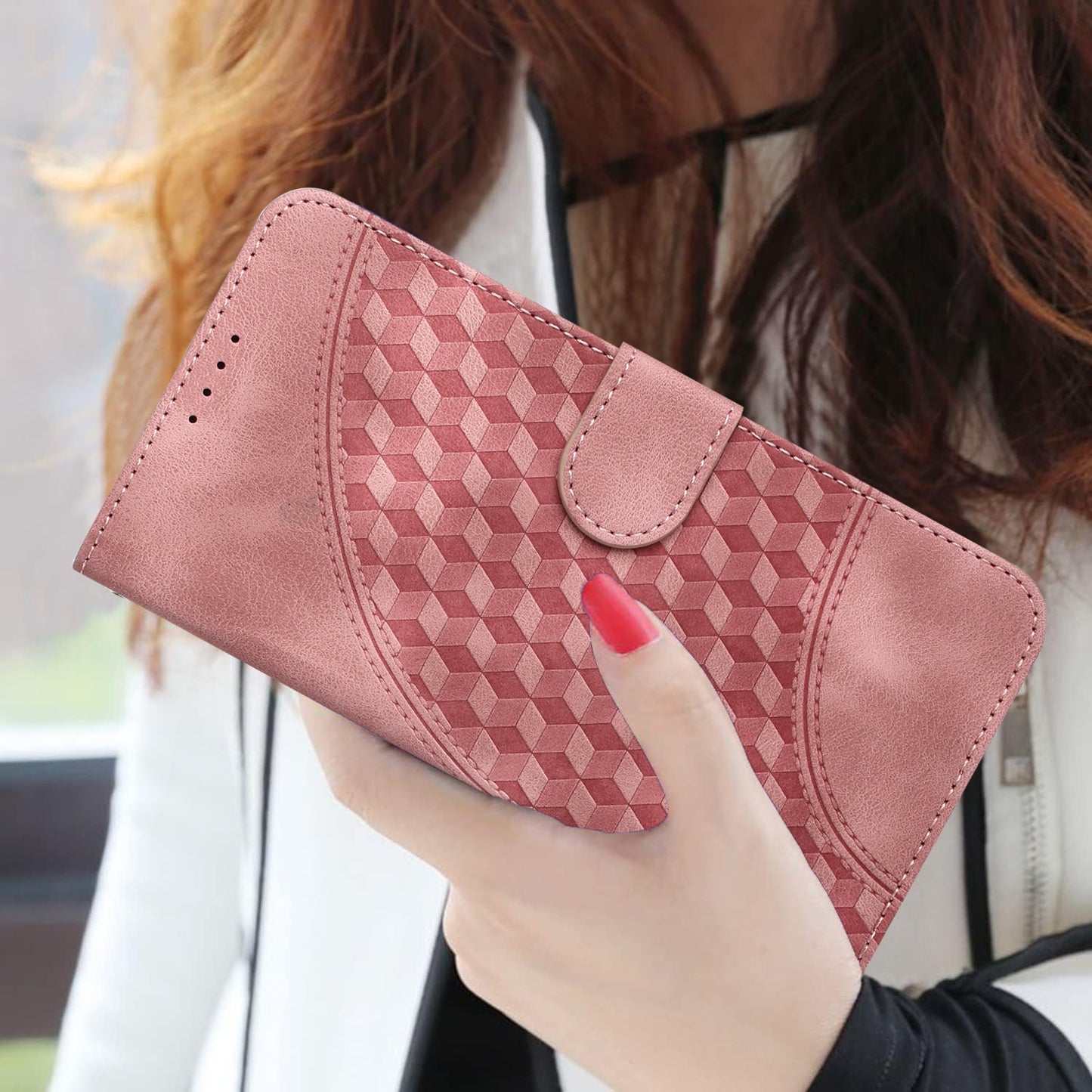 For iPhone 17 Leather Case with Wrist Strap Diamond Imprint Wallet Phone Cover - Pink