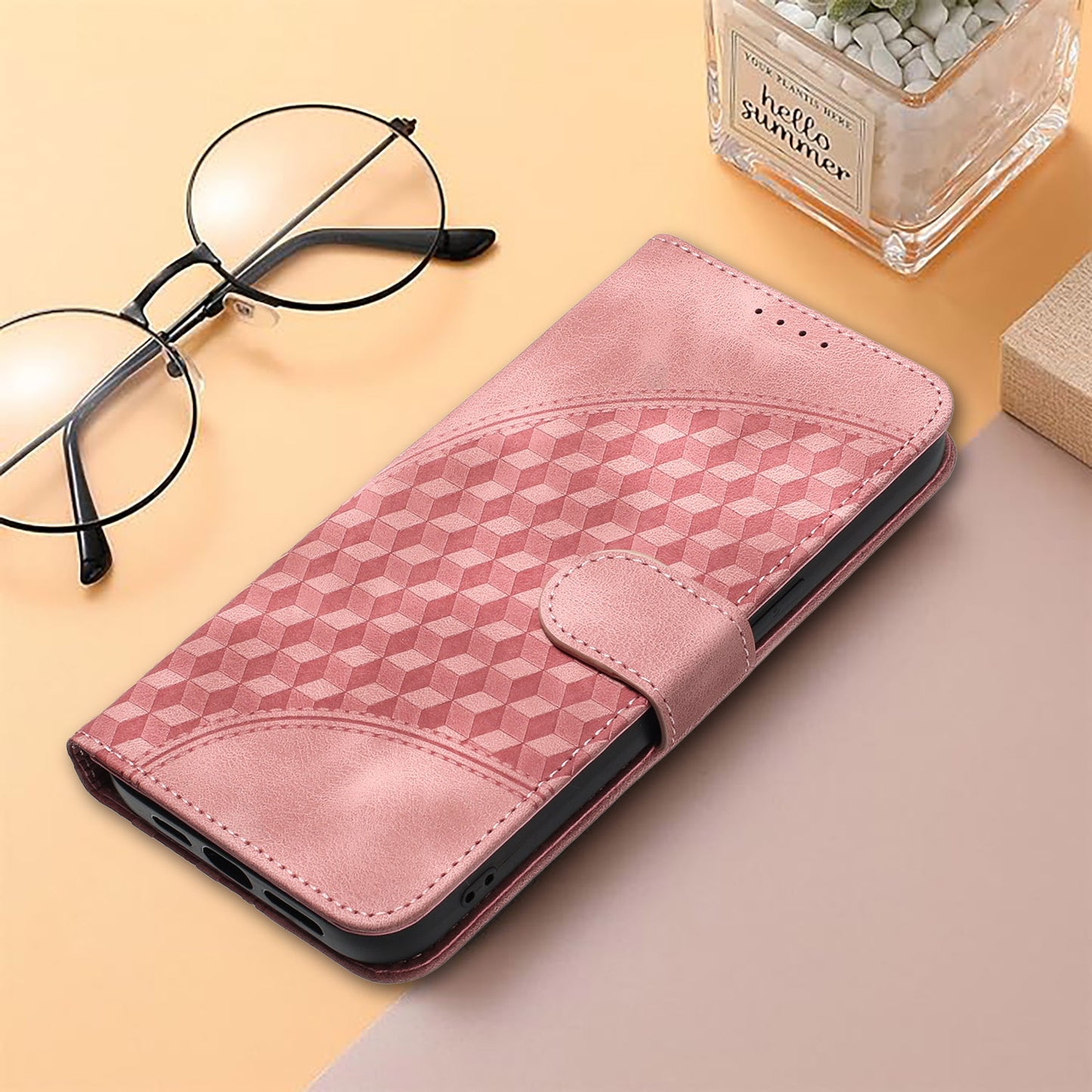 For iPhone 17 Leather Case with Wrist Strap Diamond Imprint Wallet Phone Cover - Pink