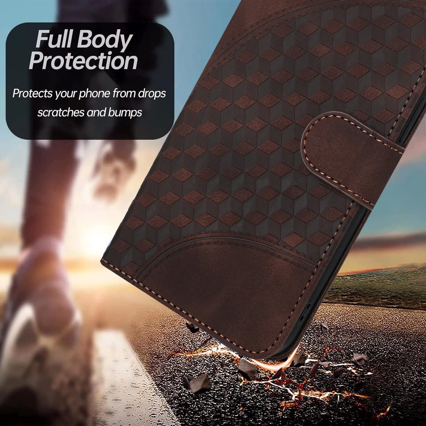 For iPhone 17 Leather Case with Wrist Strap Diamond Imprint Wallet Phone Cover - Coffee