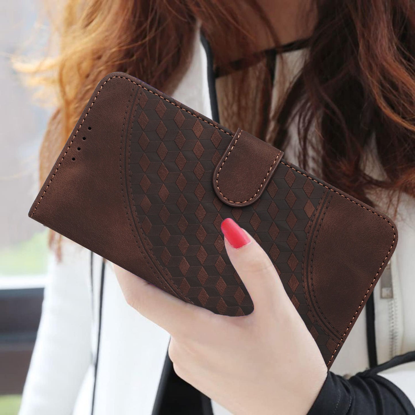 For iPhone 17 Leather Case with Wrist Strap Diamond Imprint Wallet Phone Cover - Coffee