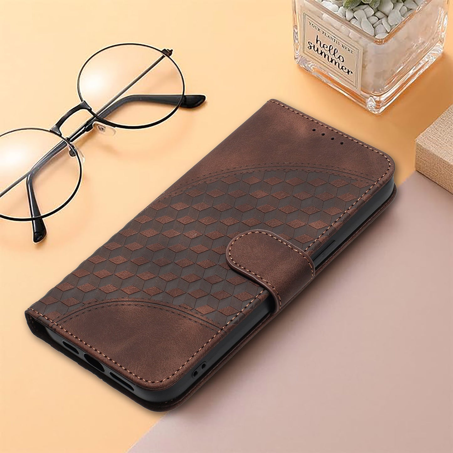 For iPhone 17 Leather Case with Wrist Strap Diamond Imprint Wallet Phone Cover - Coffee