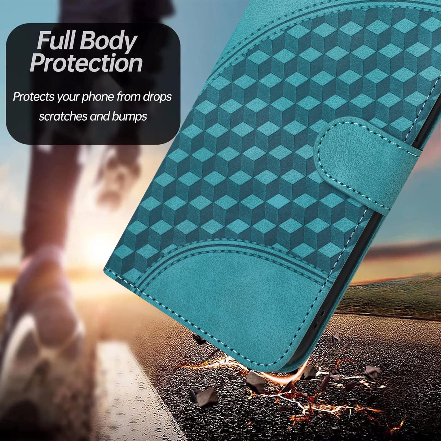 For iPhone 17 Leather Case with Wrist Strap Diamond Imprint Wallet Phone Cover - Light Blue
