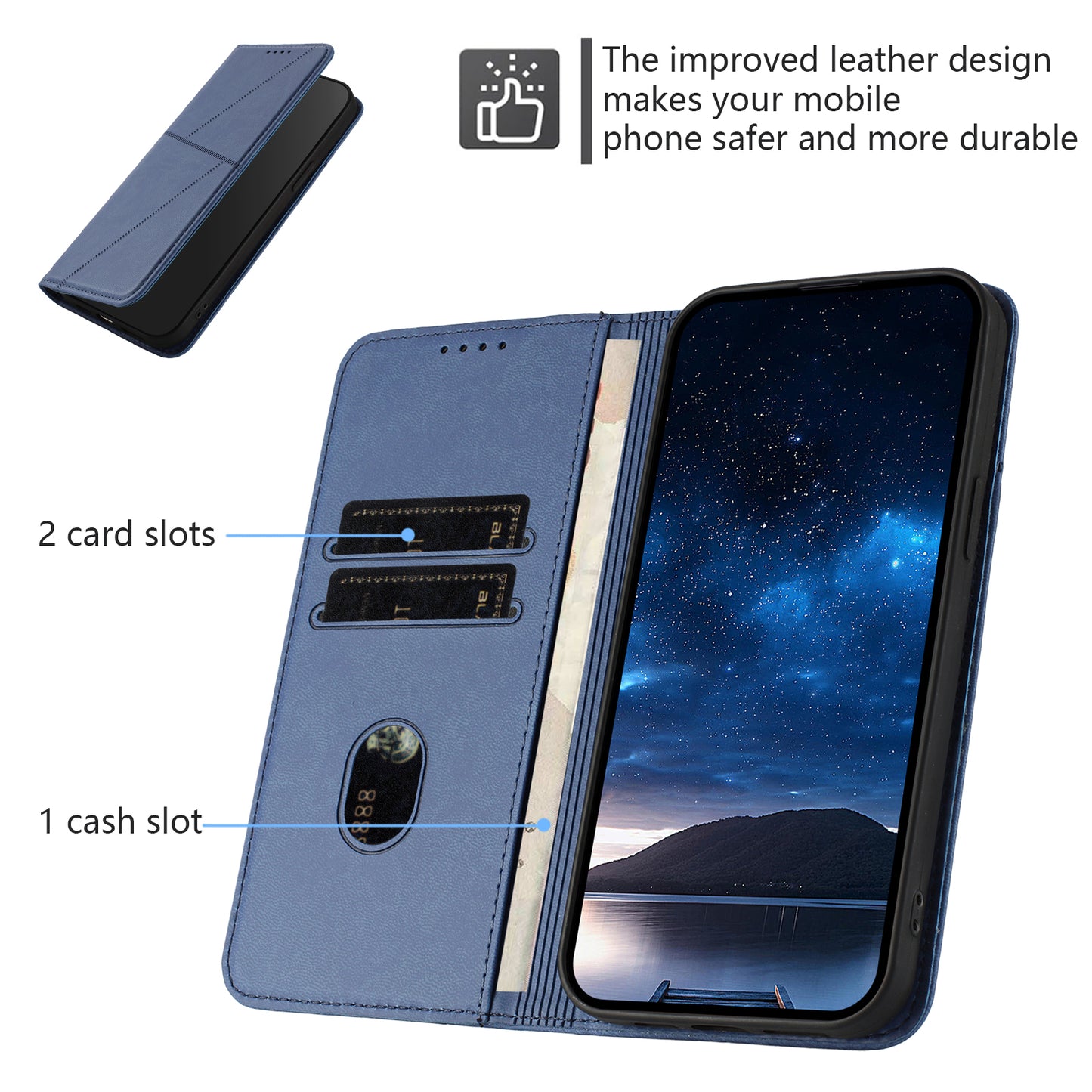 For iPhone 17 Wallet Case Magnetic Closure Leather Flip Phone Cover with Stand - Royal Blue
