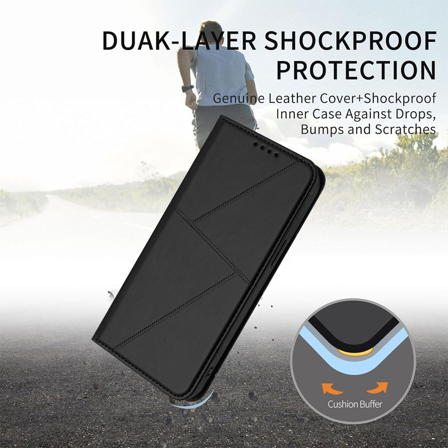For iPhone 17 Wallet Case Magnetic Closure Leather Flip Phone Cover with Stand - Black