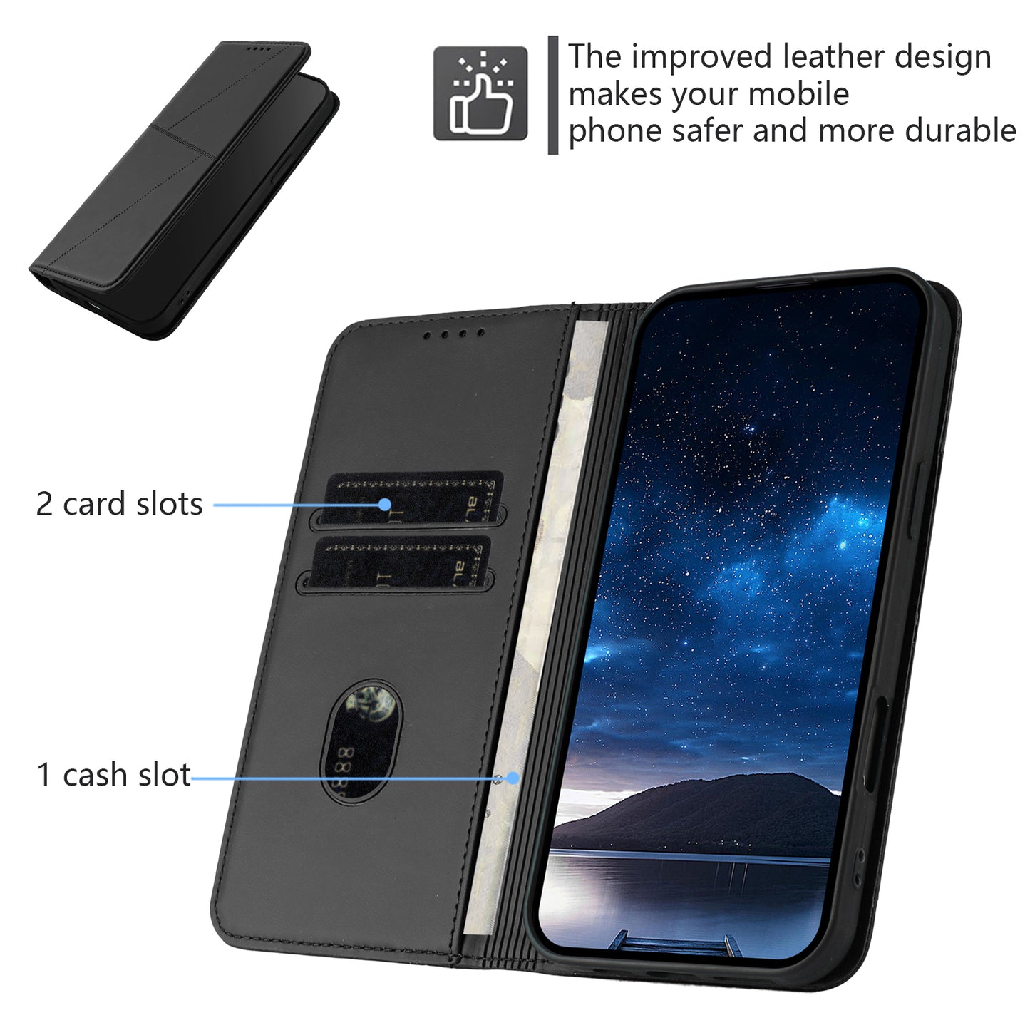 For iPhone 17 Wallet Case Magnetic Closure Leather Flip Phone Cover with Stand - Black