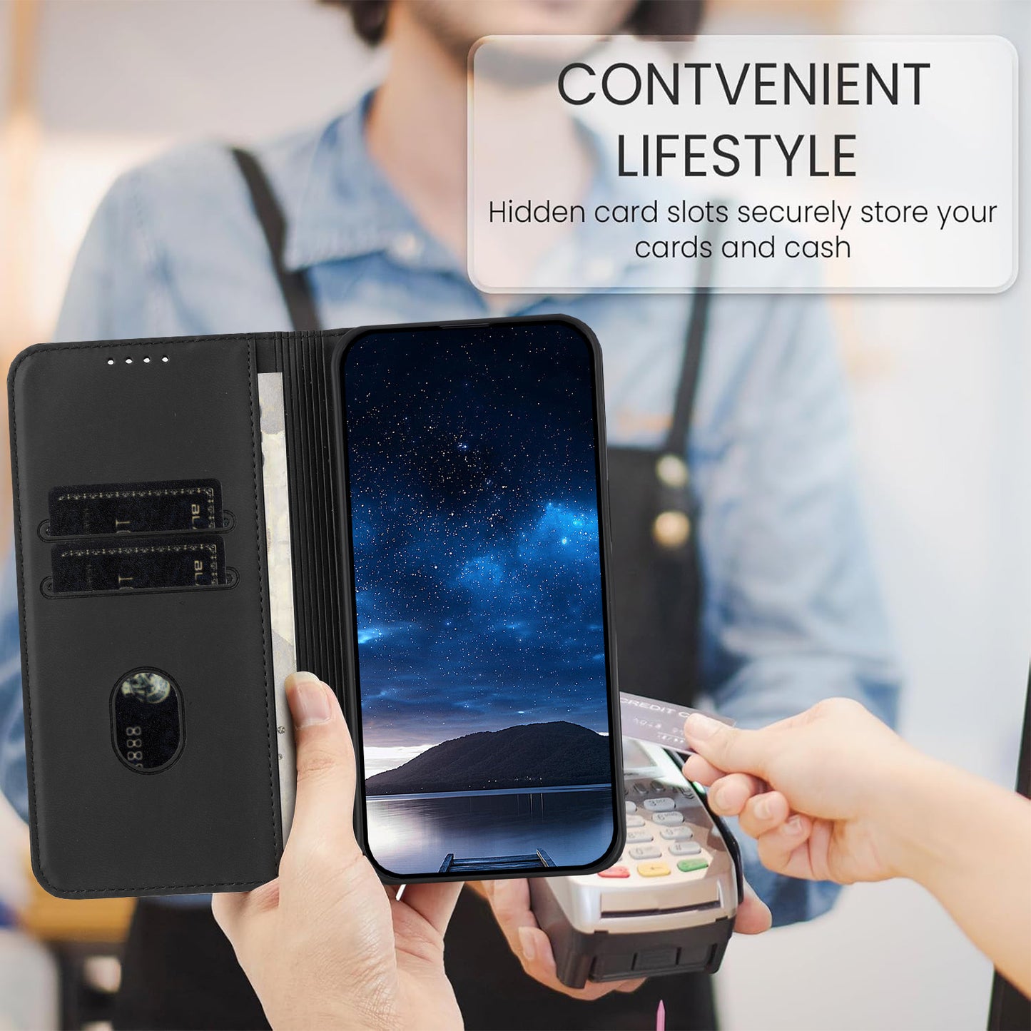 For iPhone 17 Wallet Case Magnetic Closure Leather Flip Phone Cover with Stand - Black