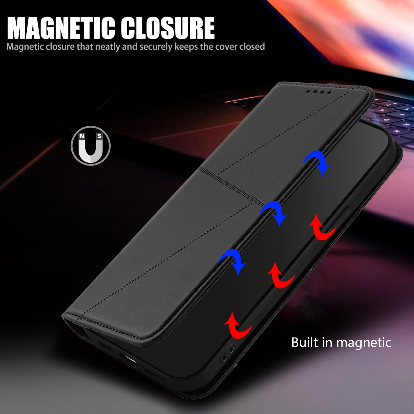 For iPhone 17 Wallet Case Magnetic Closure Leather Flip Phone Cover with Stand - Black