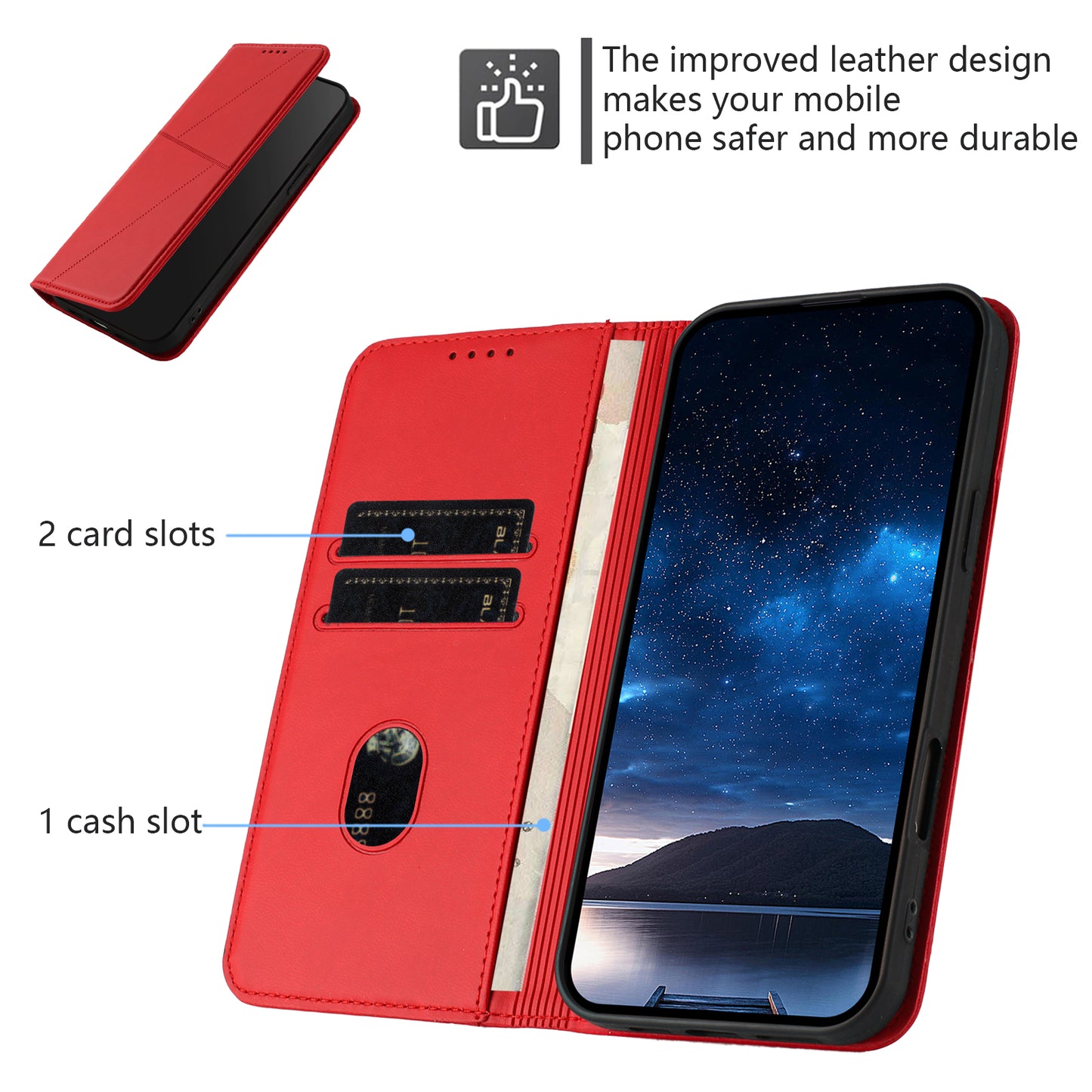 For iPhone 17 Wallet Case Magnetic Closure Leather Flip Phone Cover with Stand - Red