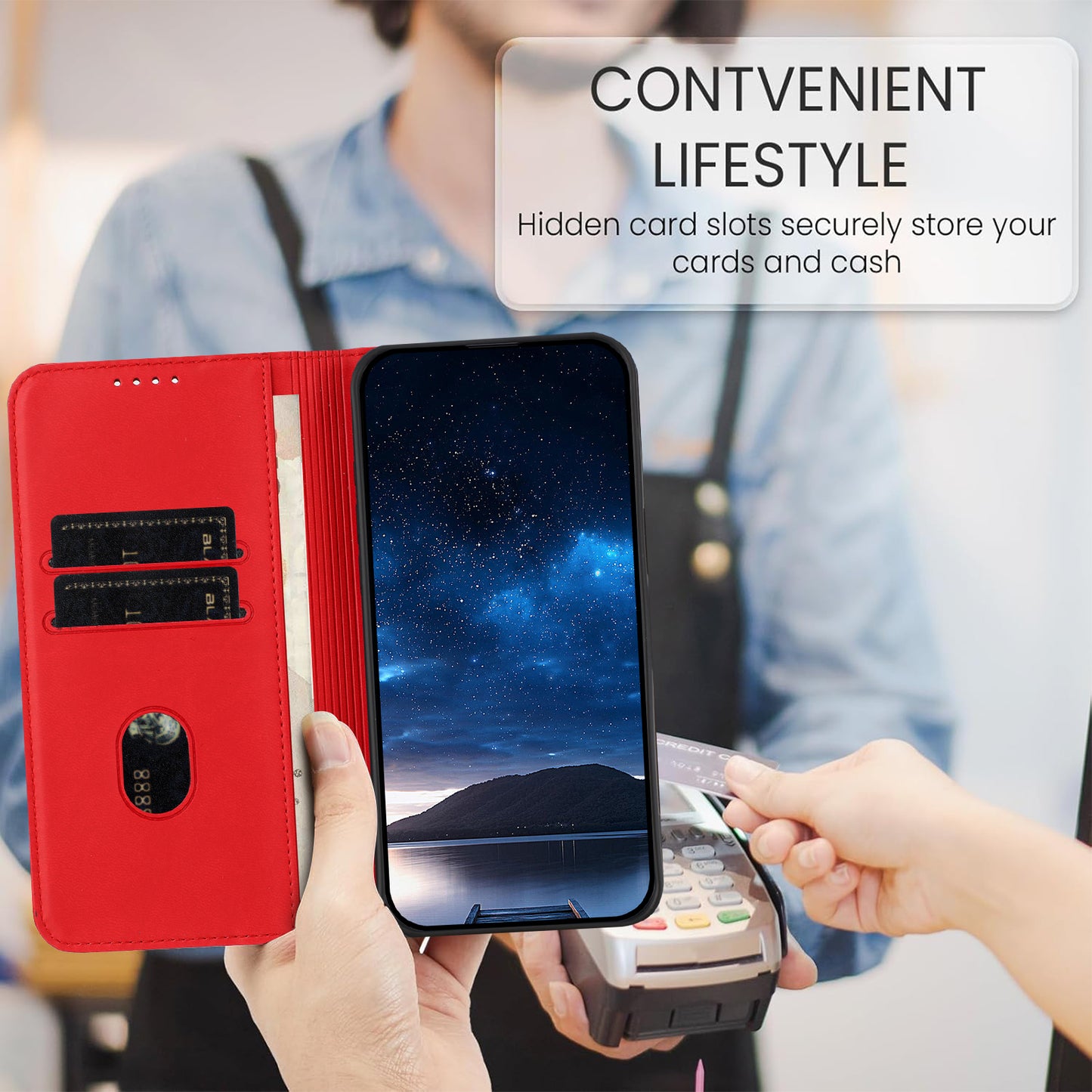 For iPhone 17 Wallet Case Magnetic Closure Leather Flip Phone Cover with Stand - Red