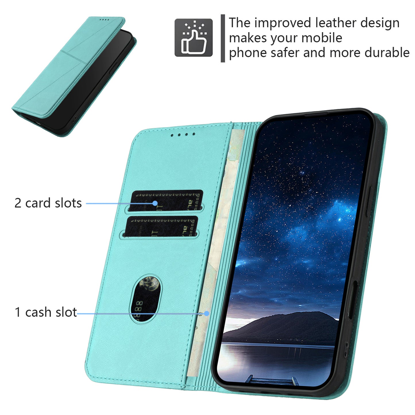 For iPhone 17 Wallet Case Magnetic Closure Leather Flip Phone Cover with Stand - Light Blue