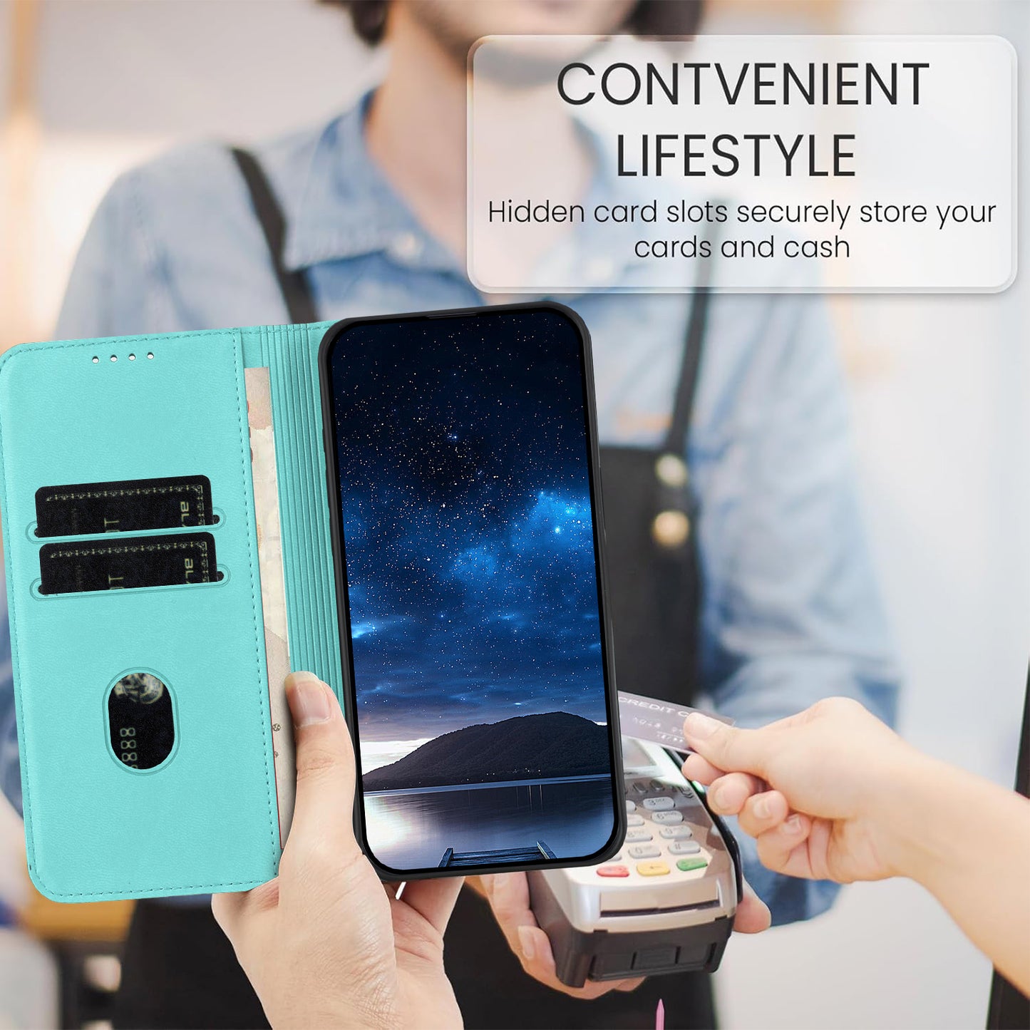 For iPhone 17 Wallet Case Magnetic Closure Leather Flip Phone Cover with Stand - Light Blue