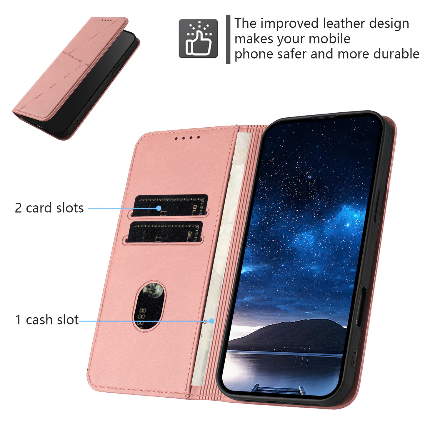 For iPhone 17 Wallet Case Magnetic Closure Leather Flip Phone Cover with Stand - Pink