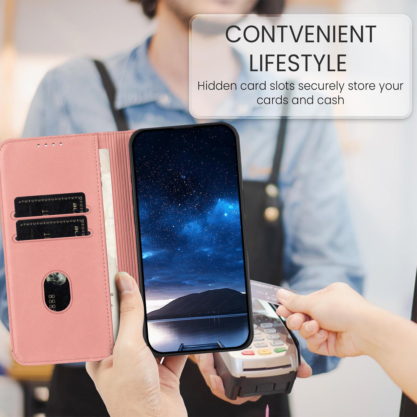 For iPhone 17 Wallet Case Magnetic Closure Leather Flip Phone Cover with Stand - Pink