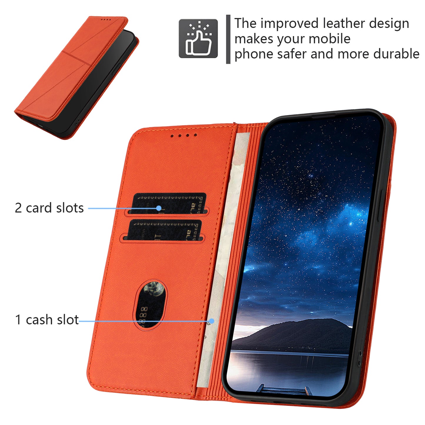 For iPhone 17 Wallet Case Magnetic Closure Leather Flip Phone Cover with Stand - Orange