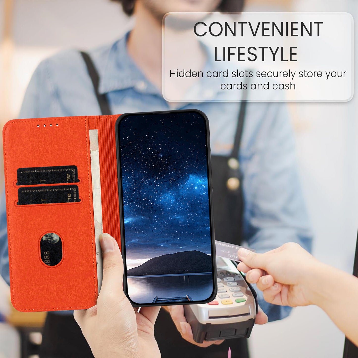 For iPhone 17 Wallet Case Magnetic Closure Leather Flip Phone Cover with Stand - Orange