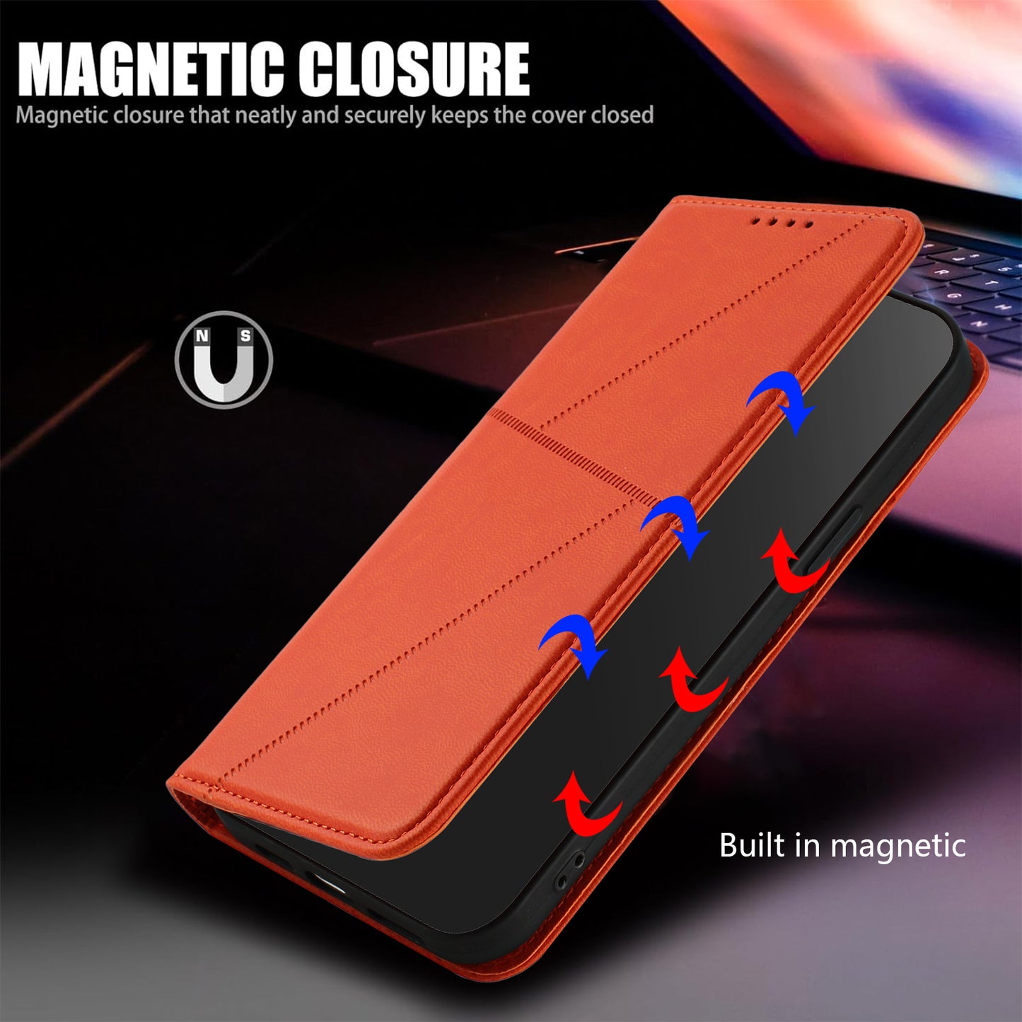 For iPhone 17 Wallet Case Magnetic Closure Leather Flip Phone Cover with Stand - Orange