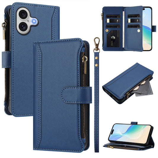 For iPhone 17 Leather Case 9 Card Slots Zipper Wallet Stand Phone Cover with Wrist Strap - Dark Blue