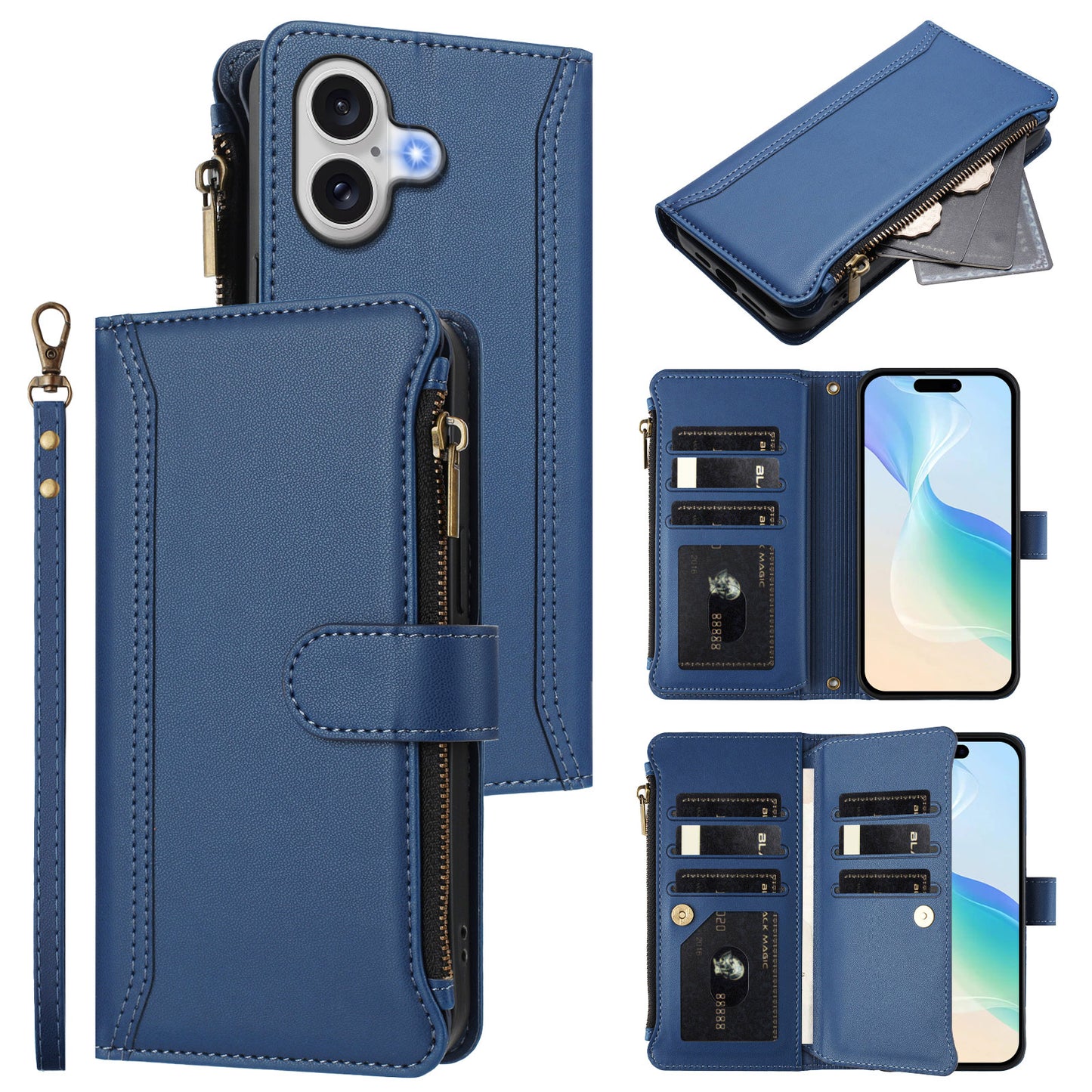 For iPhone 17 Leather Case 9 Card Slots Zipper Wallet Stand Phone Cover with Wrist Strap - Dark Blue