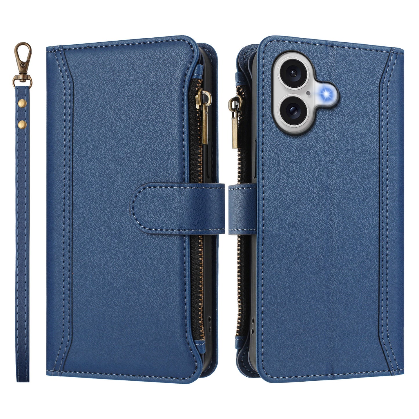 For iPhone 17 Leather Case 9 Card Slots Zipper Wallet Stand Phone Cover with Wrist Strap - Dark Blue
