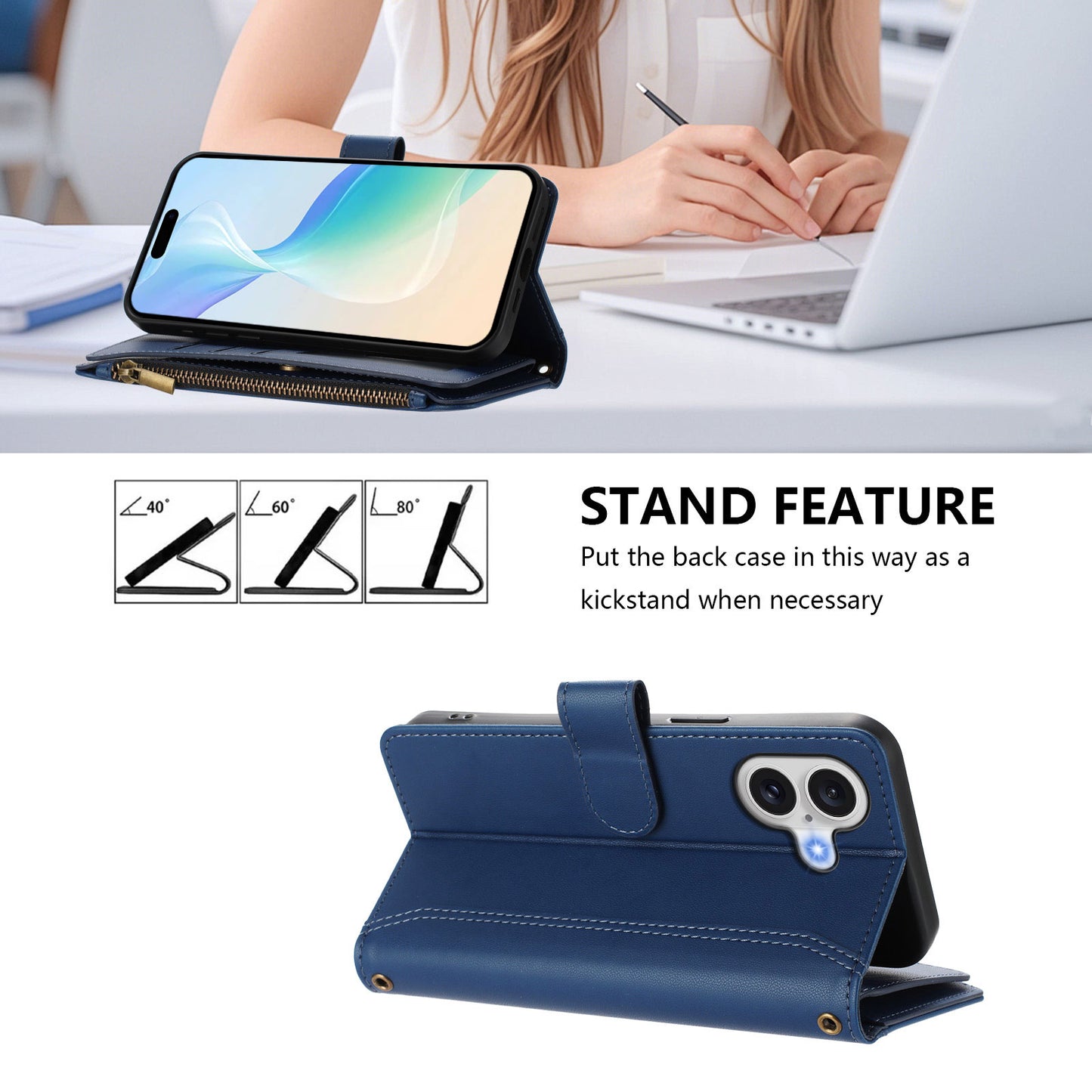 For iPhone 17 Leather Case 9 Card Slots Zipper Wallet Stand Phone Cover with Wrist Strap - Dark Blue