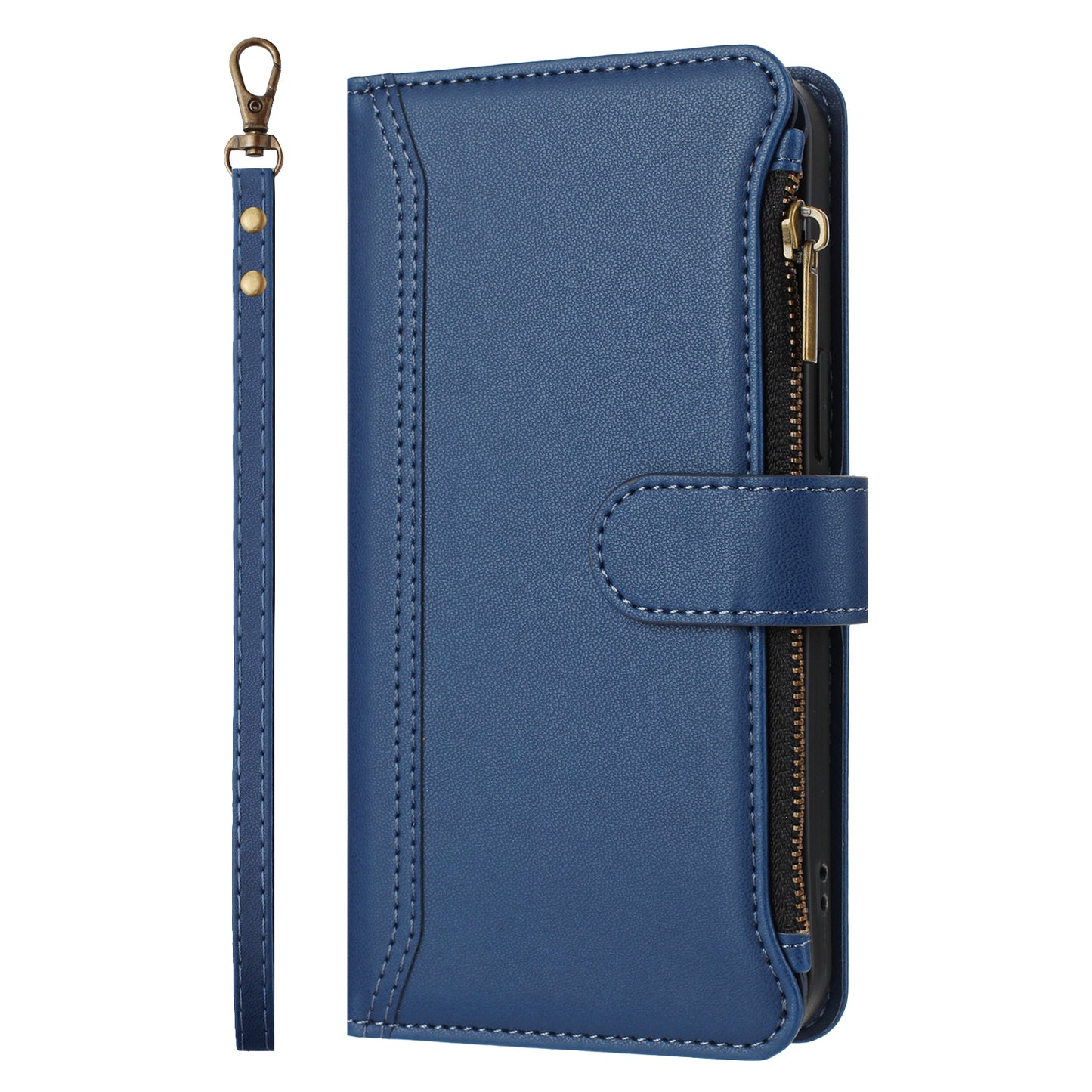 For iPhone 17 Leather Case 9 Card Slots Zipper Wallet Stand Phone Cover with Wrist Strap - Dark Blue