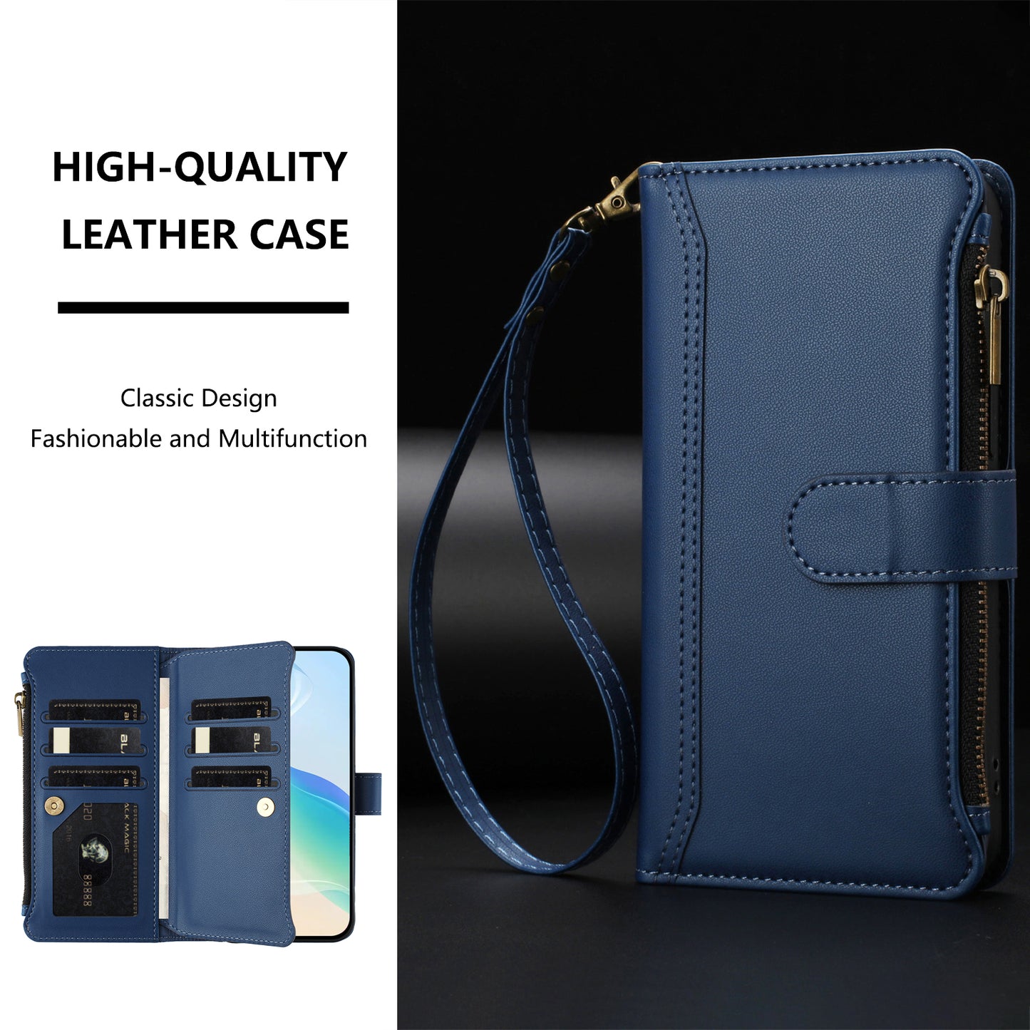 For iPhone 17 Leather Case 9 Card Slots Zipper Wallet Stand Phone Cover with Wrist Strap - Dark Blue