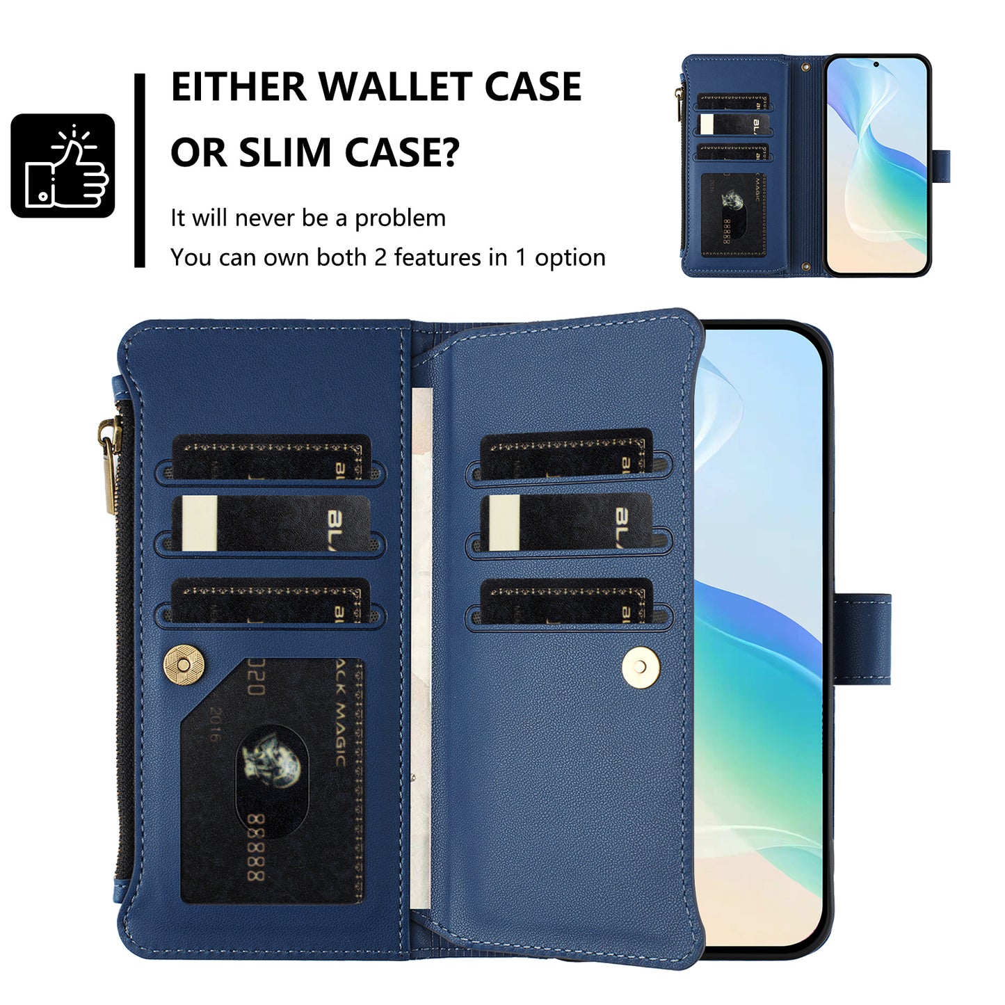 For iPhone 17 Leather Case 9 Card Slots Zipper Wallet Stand Phone Cover with Wrist Strap - Dark Blue