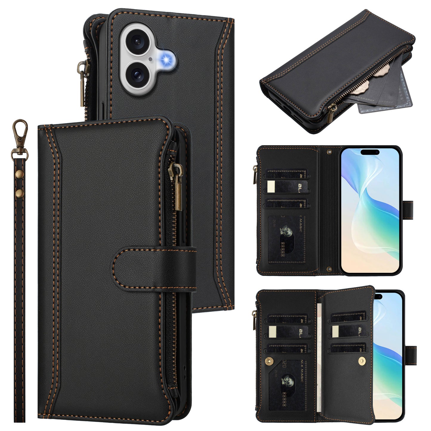 For iPhone 17 Leather Case 9 Card Slots Zipper Wallet Stand Phone Cover with Wrist Strap - Black