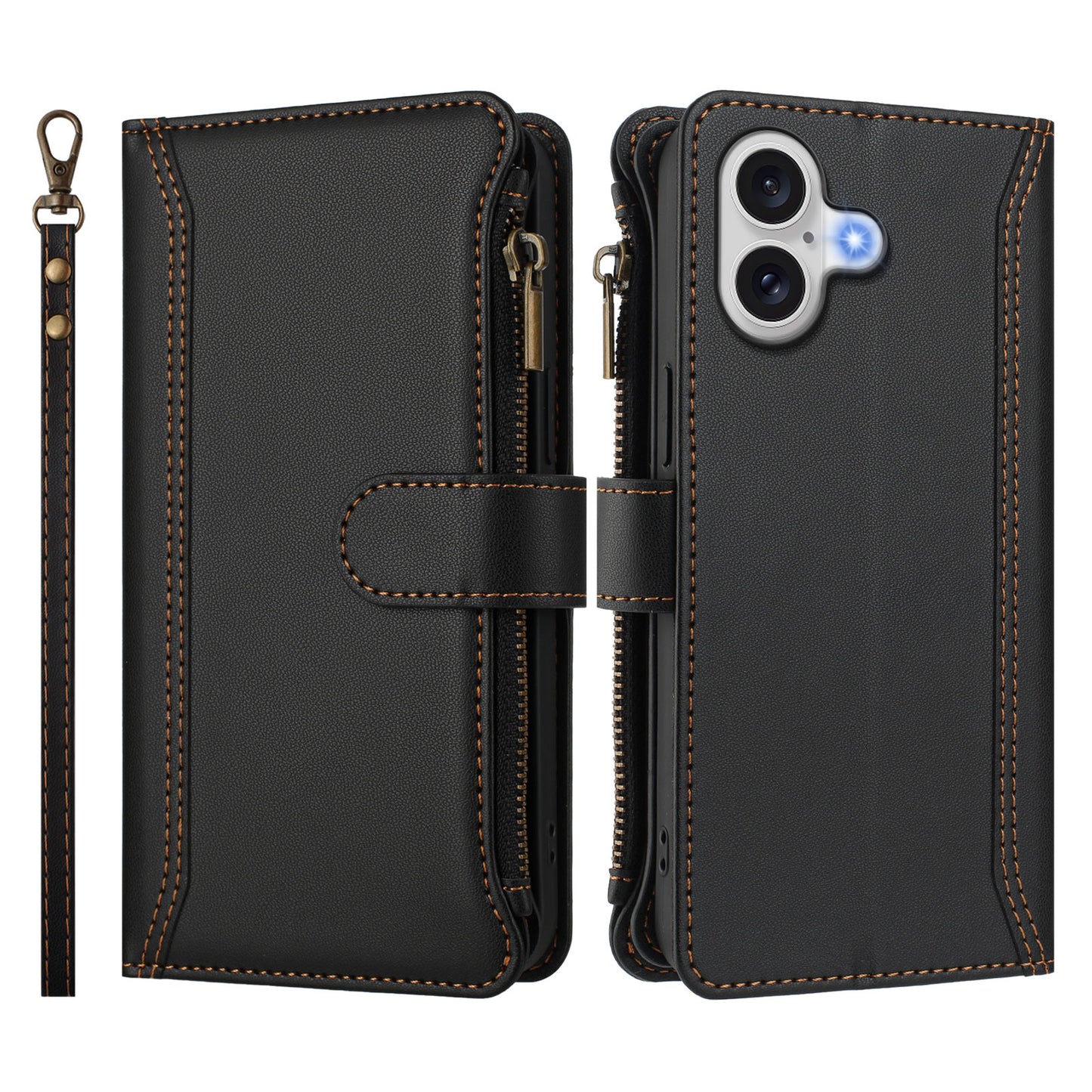 For iPhone 17 Leather Case 9 Card Slots Zipper Wallet Stand Phone Cover with Wrist Strap - Black
