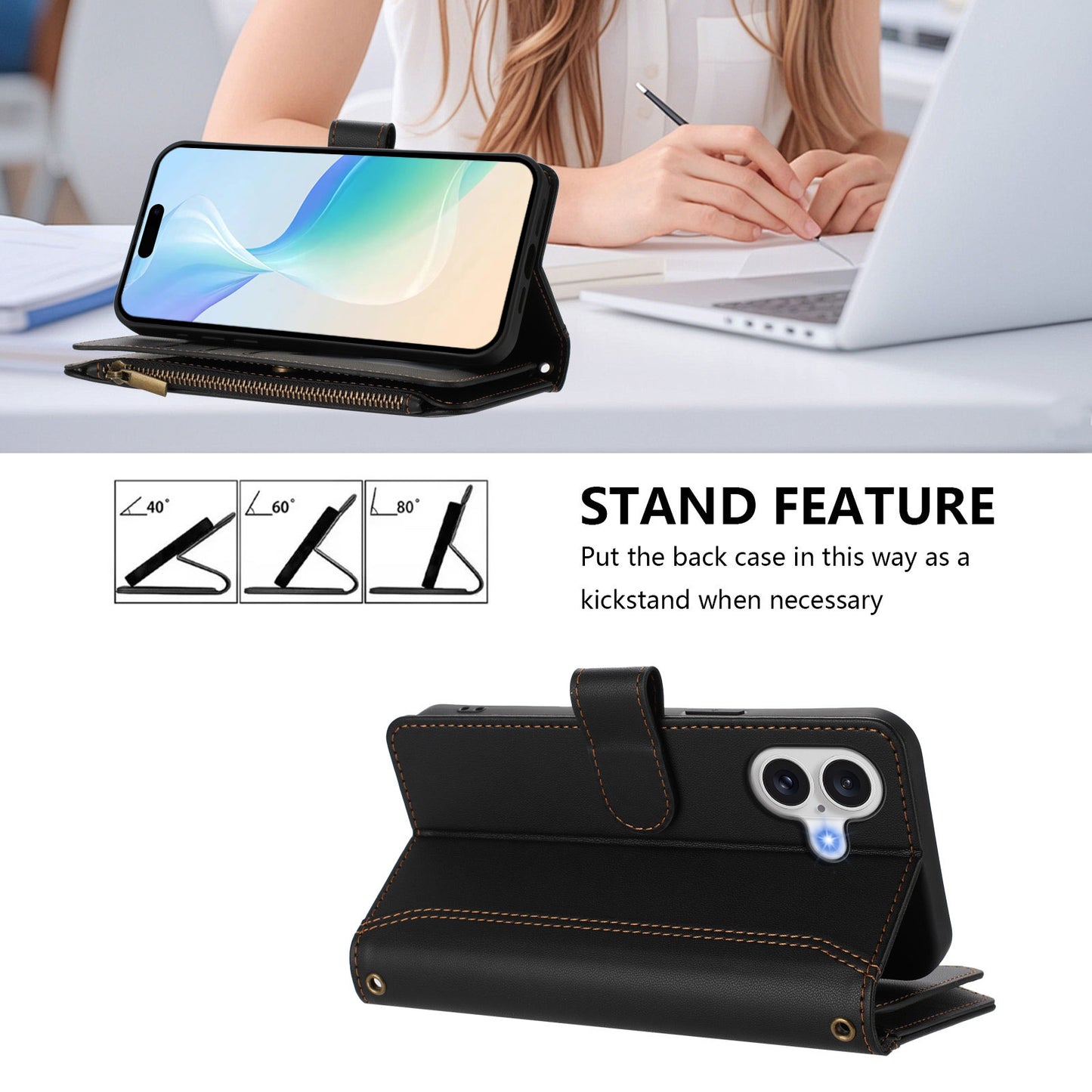 For iPhone 17 Leather Case 9 Card Slots Zipper Wallet Stand Phone Cover with Wrist Strap - Black