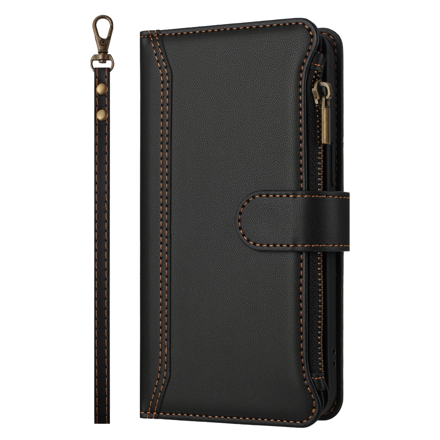 For iPhone 17 Leather Case 9 Card Slots Zipper Wallet Stand Phone Cover with Wrist Strap - Black