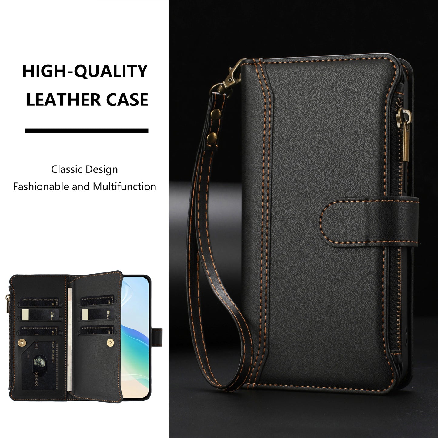 For iPhone 17 Leather Case 9 Card Slots Zipper Wallet Stand Phone Cover with Wrist Strap - Black