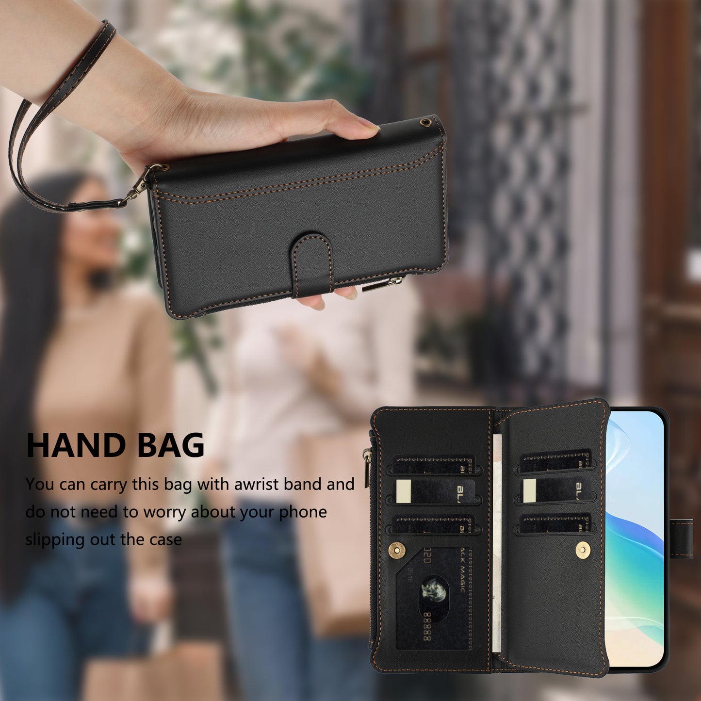 For iPhone 17 Leather Case 9 Card Slots Zipper Wallet Stand Phone Cover with Wrist Strap - Black