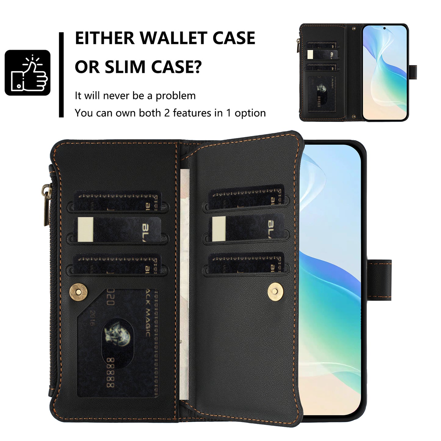 For iPhone 17 Leather Case 9 Card Slots Zipper Wallet Stand Phone Cover with Wrist Strap - Black