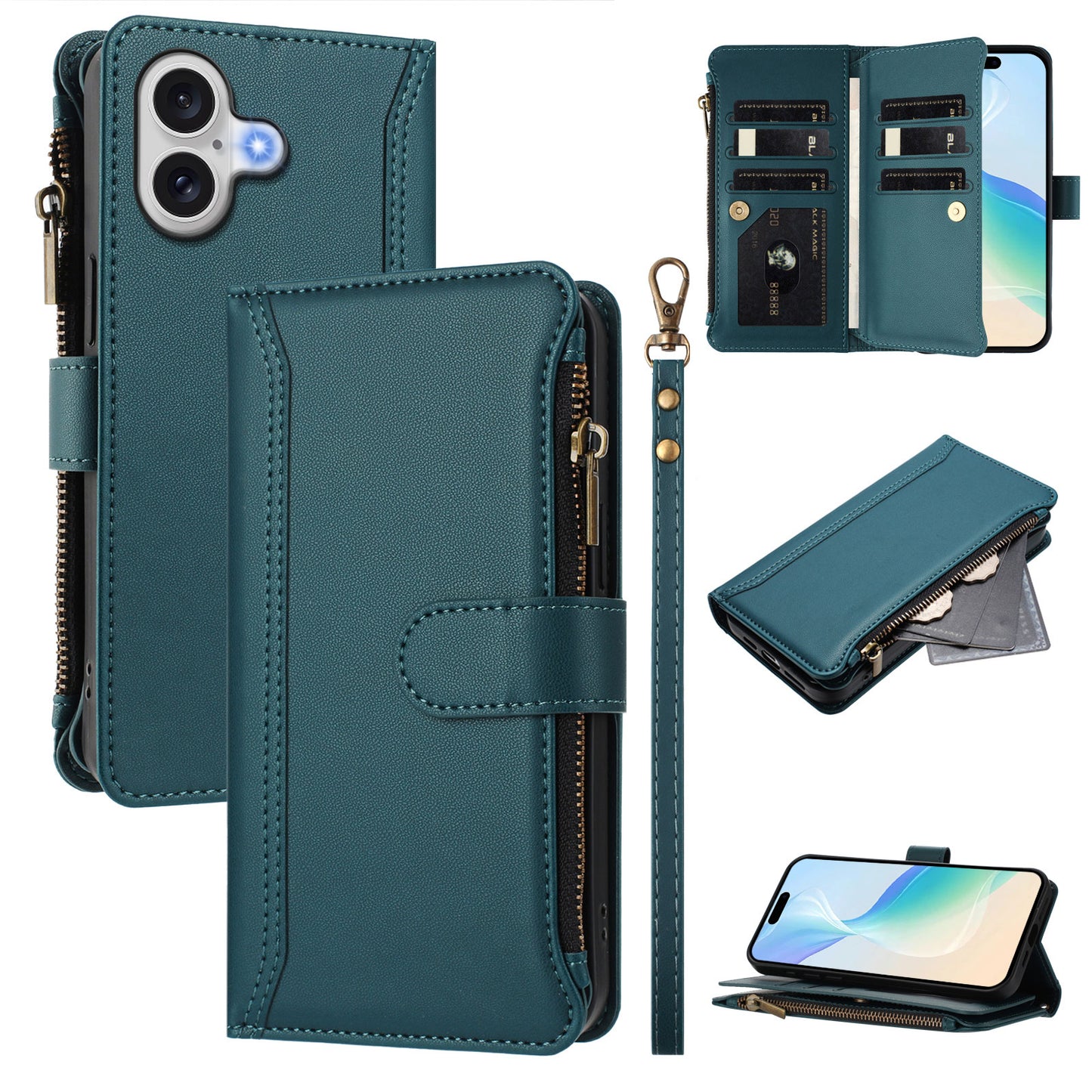 For iPhone 17 Leather Case 9 Card Slots Zipper Wallet Stand Phone Cover with Wrist Strap - Dark Green