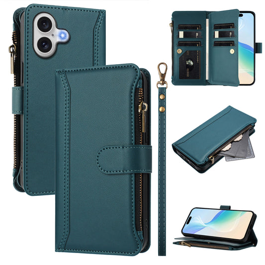 For iPhone 17 Leather Case 9 Card Slots Zipper Wallet Stand Phone Cover with Wrist Strap - Dark Green