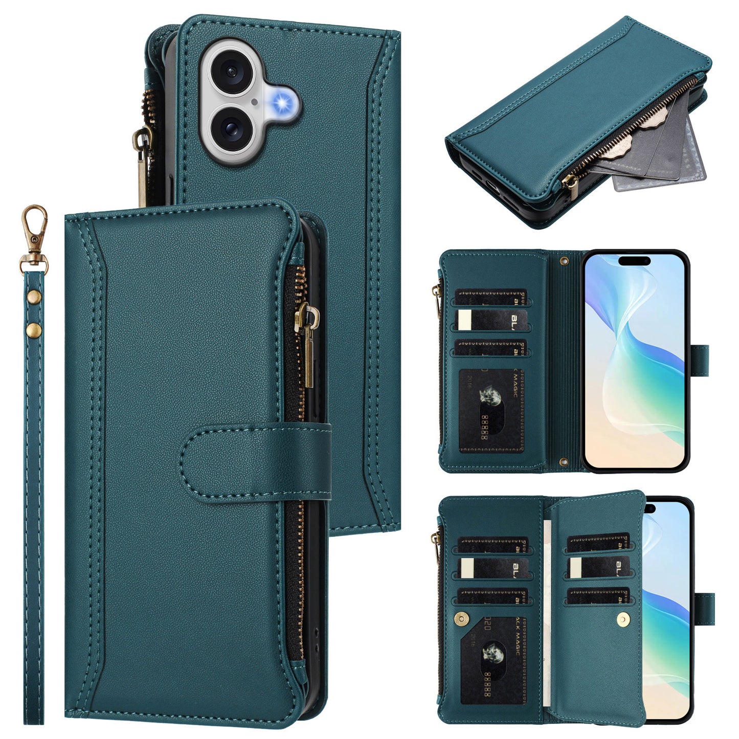For iPhone 17 Leather Case 9 Card Slots Zipper Wallet Stand Phone Cover with Wrist Strap - Dark Green