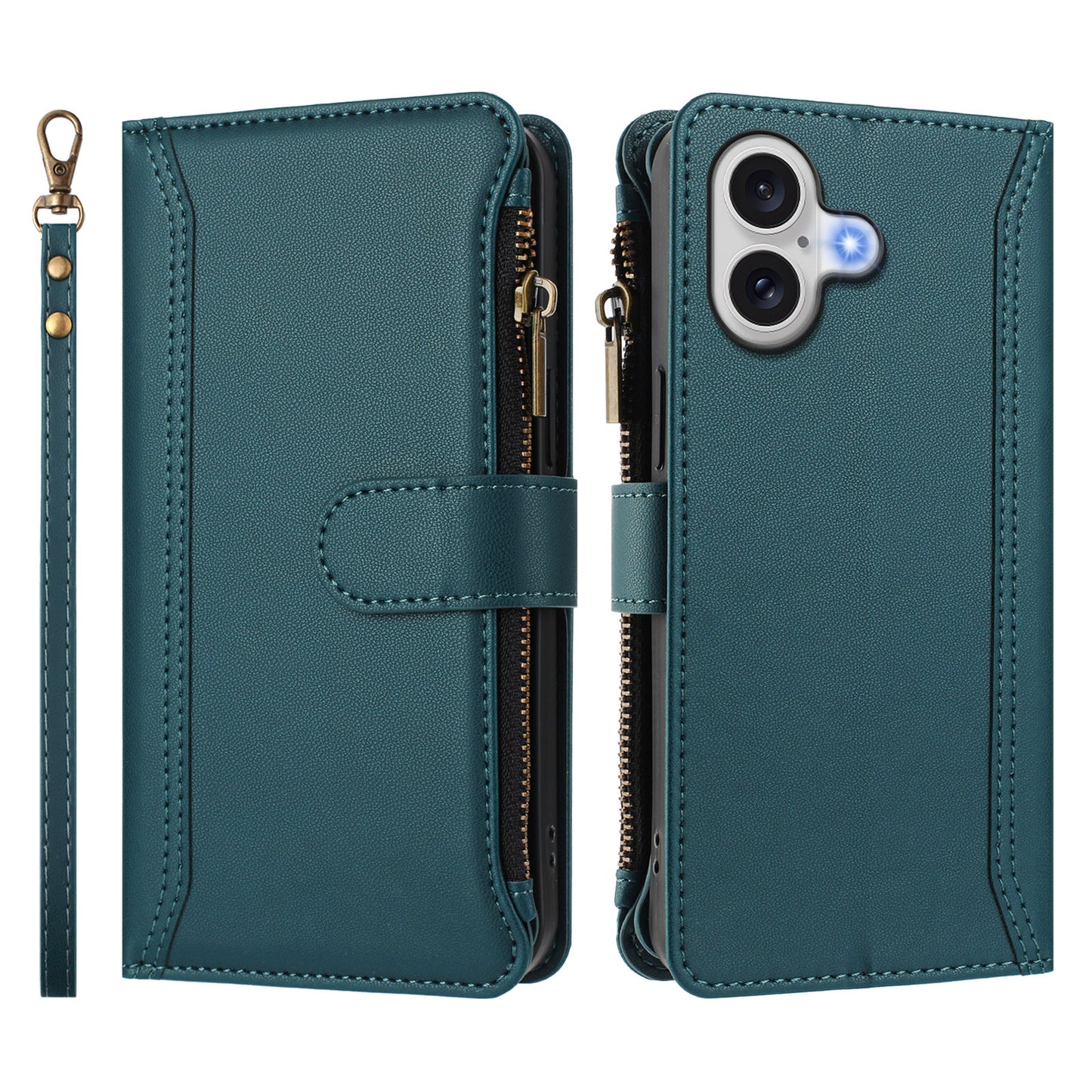 For iPhone 17 Leather Case 9 Card Slots Zipper Wallet Stand Phone Cover with Wrist Strap - Dark Green
