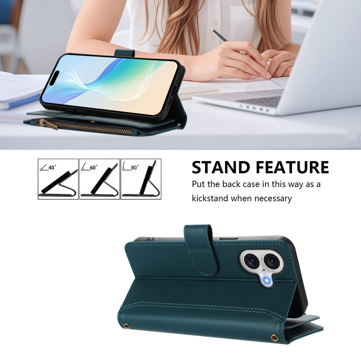 For iPhone 17 Leather Case 9 Card Slots Zipper Wallet Stand Phone Cover with Wrist Strap - Dark Green