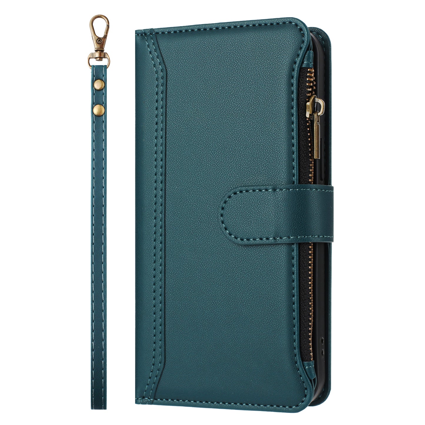 For iPhone 17 Leather Case 9 Card Slots Zipper Wallet Stand Phone Cover with Wrist Strap - Dark Green