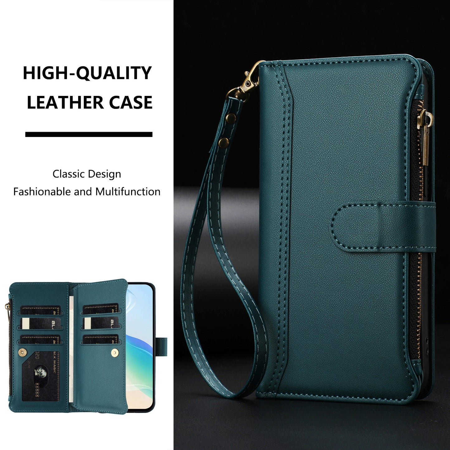 For iPhone 17 Leather Case 9 Card Slots Zipper Wallet Stand Phone Cover with Wrist Strap - Dark Green