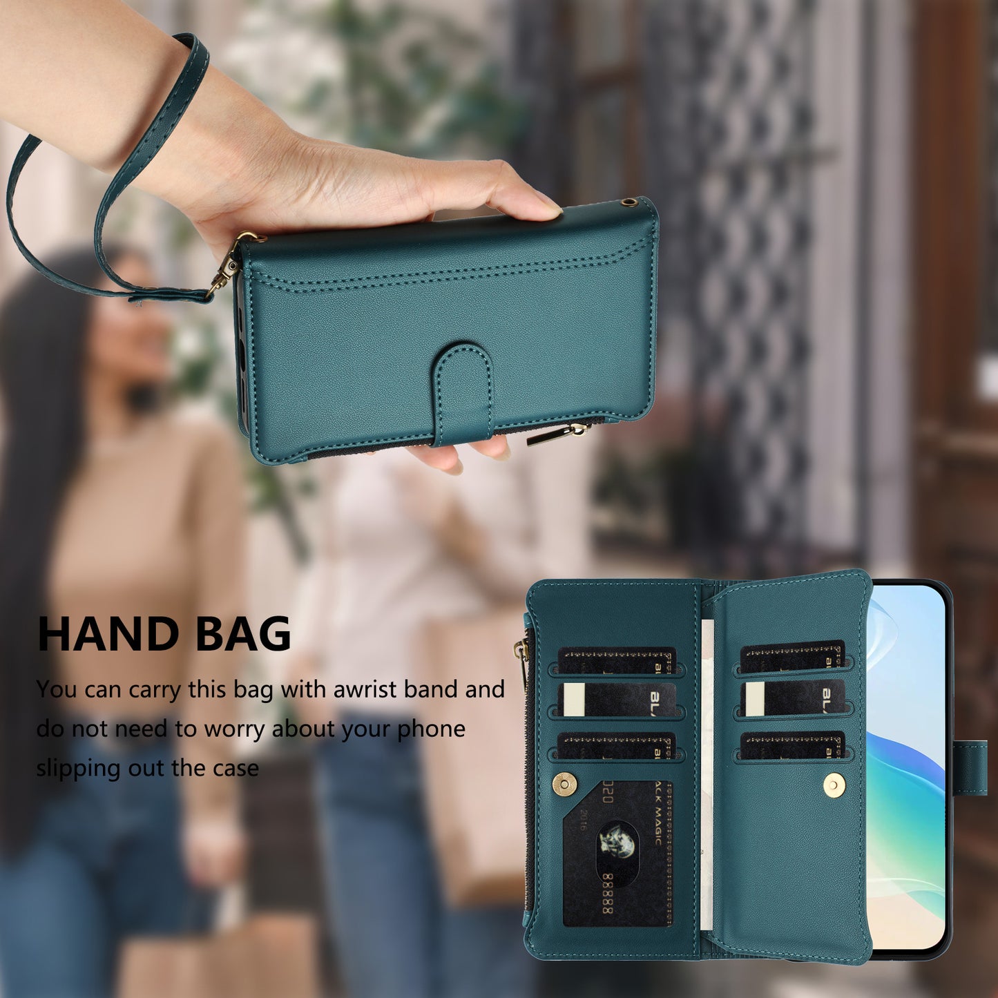 For iPhone 17 Leather Case 9 Card Slots Zipper Wallet Stand Phone Cover with Wrist Strap - Dark Green