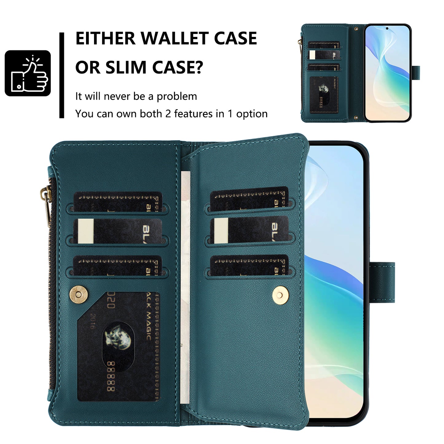 For iPhone 17 Leather Case 9 Card Slots Zipper Wallet Stand Phone Cover with Wrist Strap - Dark Green