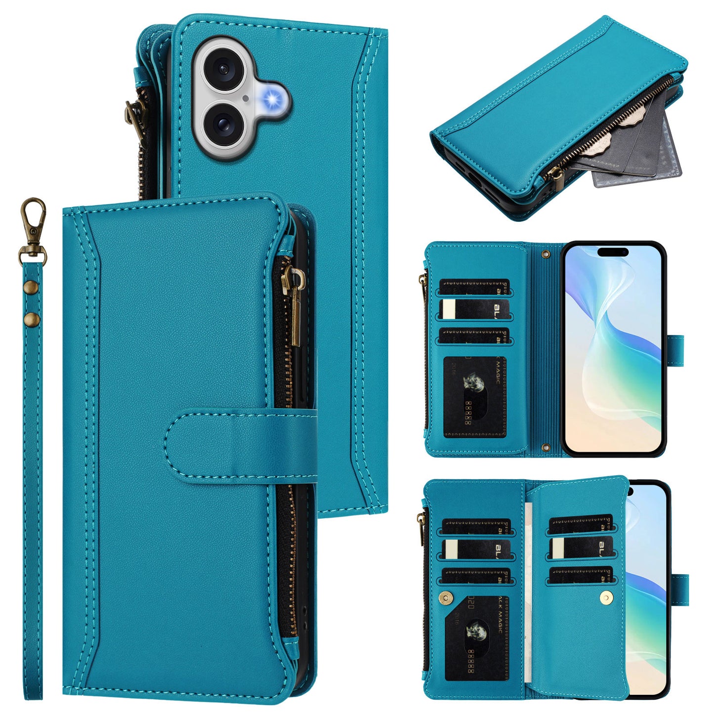 For iPhone 17 Leather Case 9 Card Slots Zipper Wallet Stand Phone Cover with Wrist Strap - Lake Blue