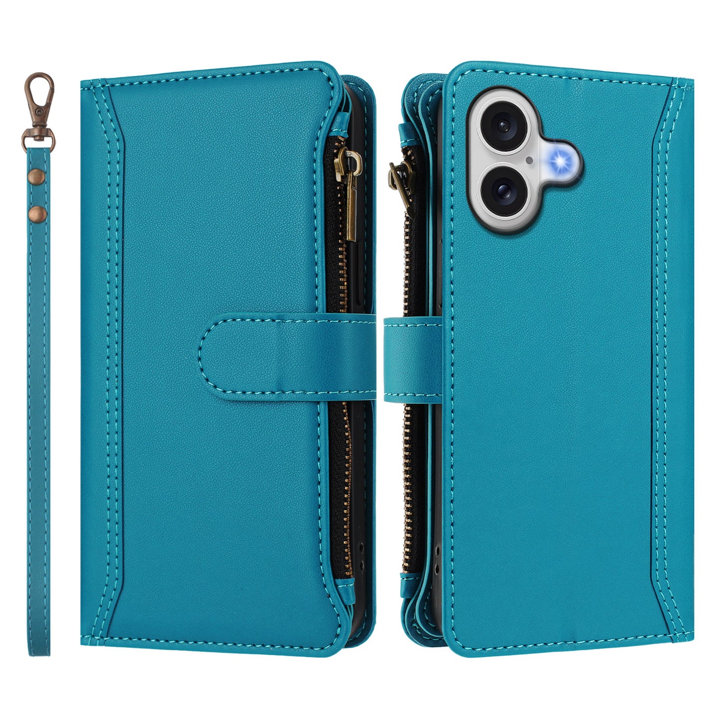 For iPhone 17 Leather Case 9 Card Slots Zipper Wallet Stand Phone Cover with Wrist Strap - Lake Blue