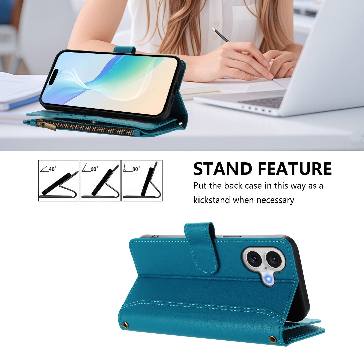 For iPhone 17 Leather Case 9 Card Slots Zipper Wallet Stand Phone Cover with Wrist Strap - Lake Blue