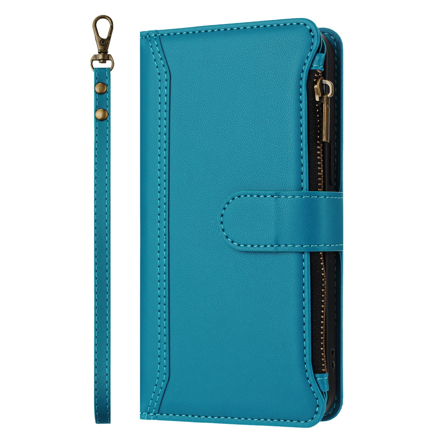 For iPhone 17 Leather Case 9 Card Slots Zipper Wallet Stand Phone Cover with Wrist Strap - Lake Blue