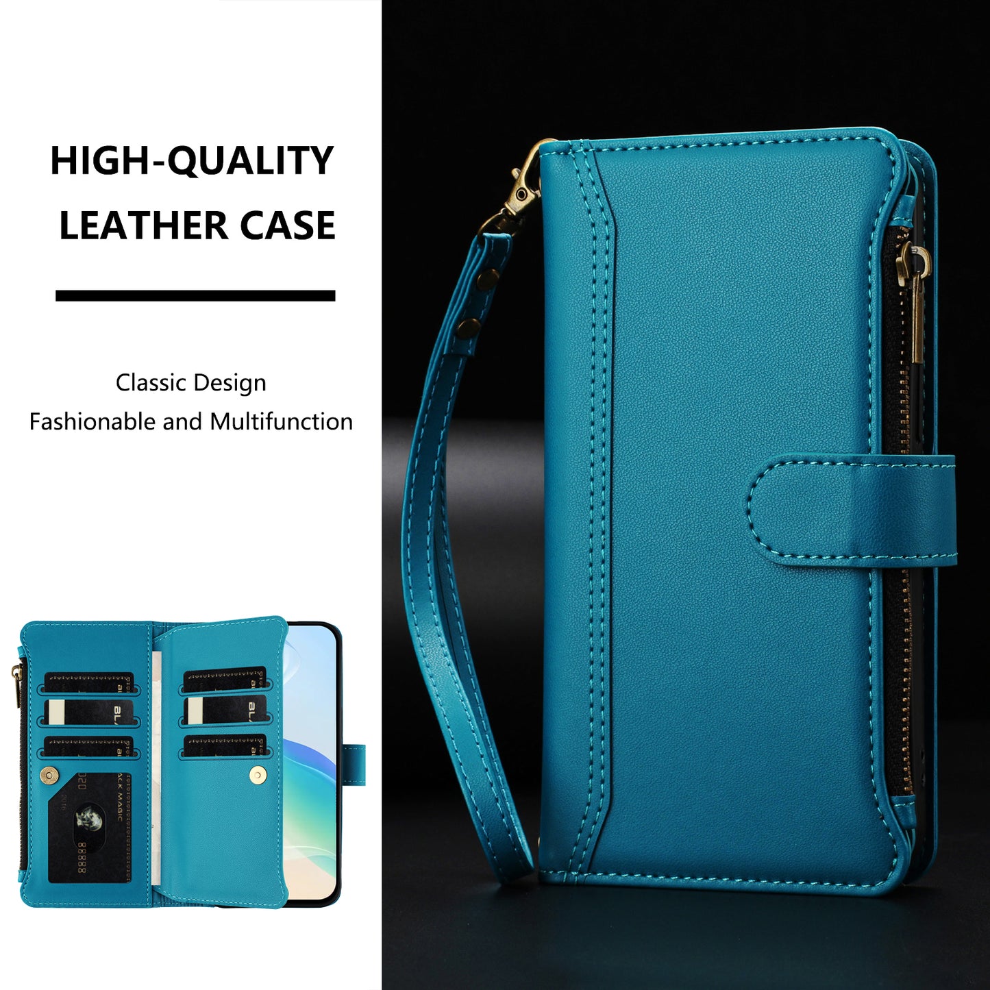 For iPhone 17 Leather Case 9 Card Slots Zipper Wallet Stand Phone Cover with Wrist Strap - Lake Blue